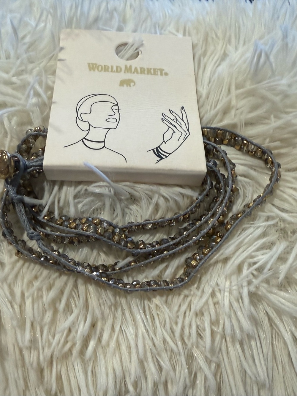 Cost Plus World Market Gray Cord Wrap Bracelet with Gold Beads